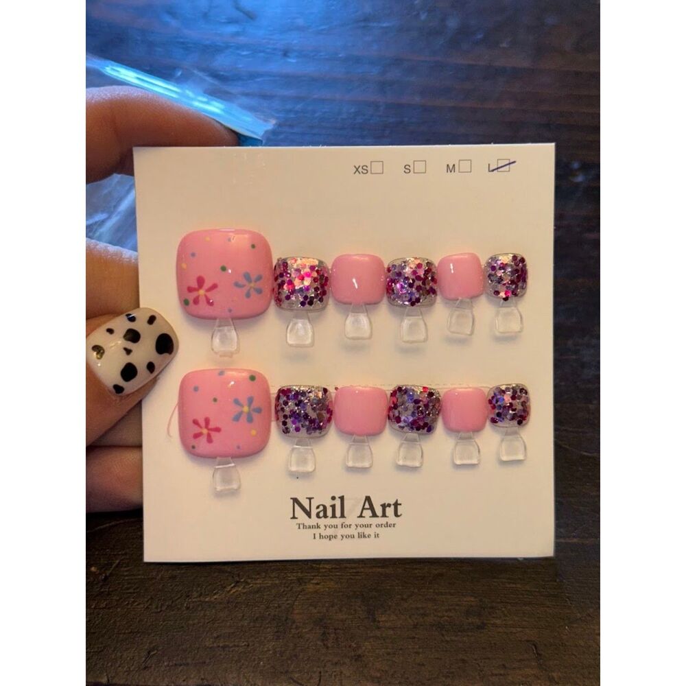 Pink Glitter Press On Toe Nails Size Large